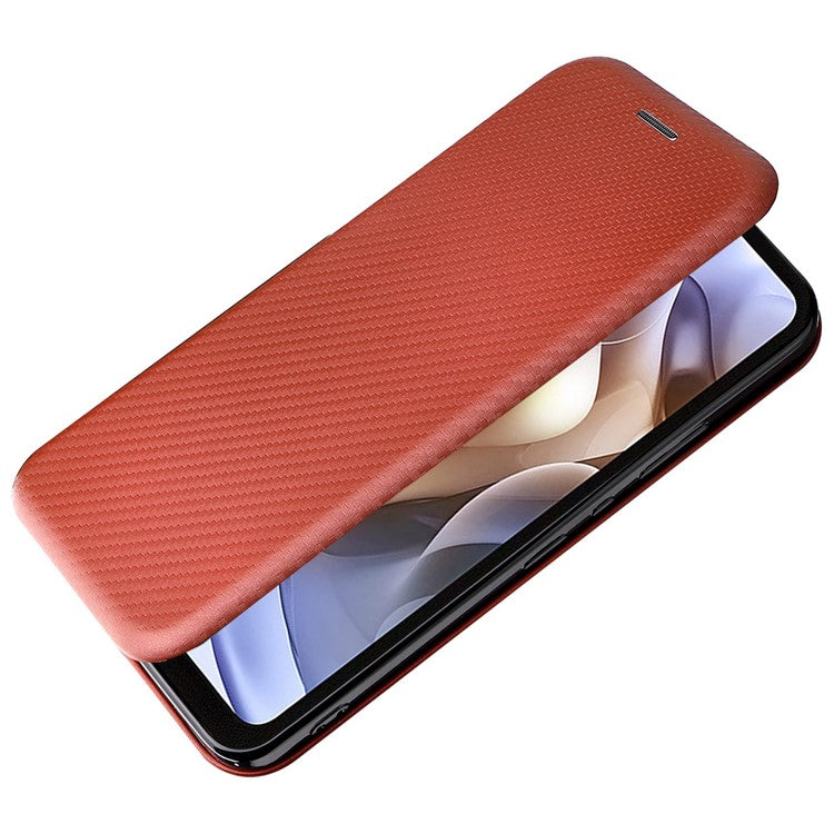 Carbon Fiber Texture Foldable Stand PU Leather Cover Folio Flip Phone Case with Card Slot for Motorola Moto G71 5G - Orange