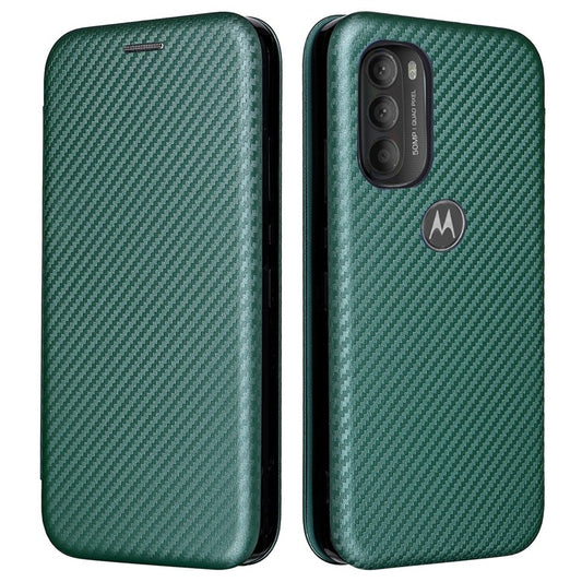 Carbon Fiber Texture Foldable Stand PU Leather Cover Folio Flip Phone Case with Card Slot for Motorola Moto G71 5G - Green