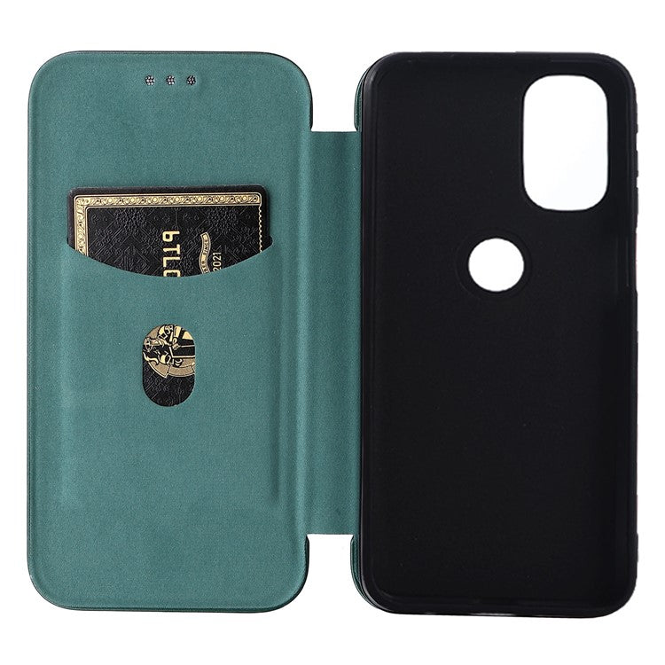 Carbon Fiber Texture Foldable Stand PU Leather Cover Folio Flip Phone Case with Card Slot for Motorola Moto G71 5G - Green