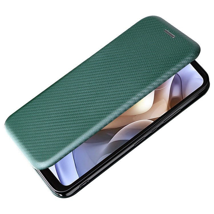 Carbon Fiber Texture Foldable Stand PU Leather Cover Folio Flip Phone Case with Card Slot for Motorola Moto G71 5G - Green