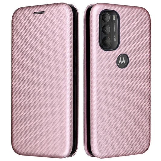 Carbon Fiber Texture Foldable Stand PU Leather Cover Folio Flip Phone Case with Card Slot for Motorola Moto G71 5G - Rose Gold