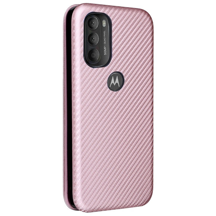 Carbon Fiber Texture Foldable Stand PU Leather Cover Folio Flip Phone Case with Card Slot for Motorola Moto G71 5G - Rose Gold
