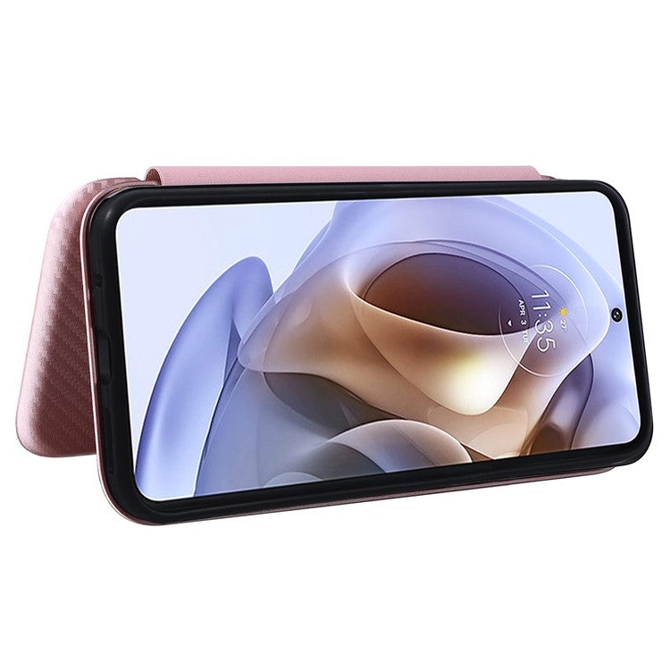 Carbon Fiber Texture Foldable Stand PU Leather Cover Folio Flip Phone Case with Card Slot for Motorola Moto G71 5G - Rose Gold