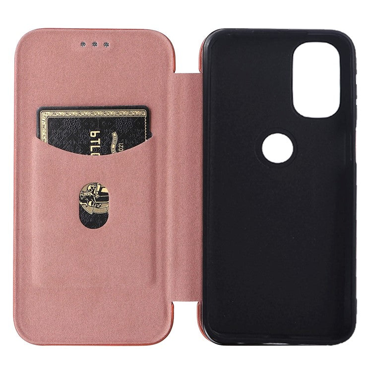 Carbon Fiber Texture Foldable Stand PU Leather Cover Folio Flip Phone Case with Card Slot for Motorola Moto G71 5G - Rose Gold