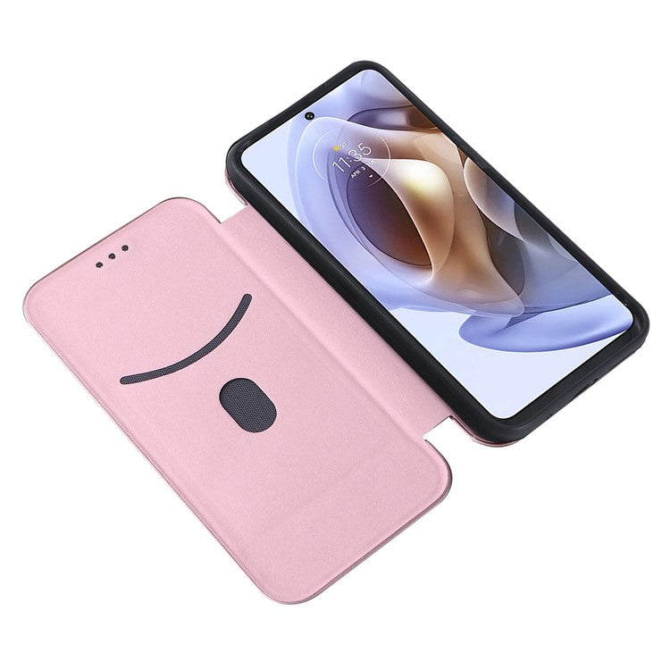 Carbon Fiber Texture Foldable Stand PU Leather Cover Folio Flip Phone Case with Card Slot for Motorola Moto G71 5G - Rose Gold