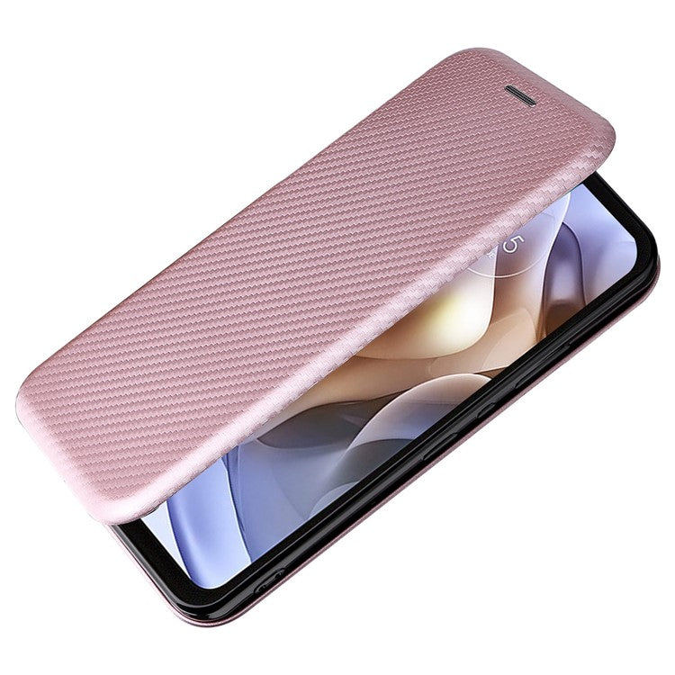 Carbon Fiber Texture Foldable Stand PU Leather Cover Folio Flip Phone Case with Card Slot for Motorola Moto G71 5G - Rose Gold