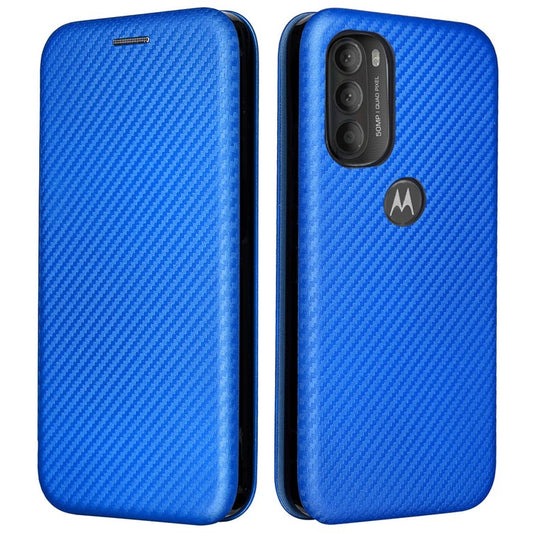 Carbon Fiber Texture Foldable Stand PU Leather Cover Folio Flip Phone Case with Card Slot for Motorola Moto G71 5G - Blue