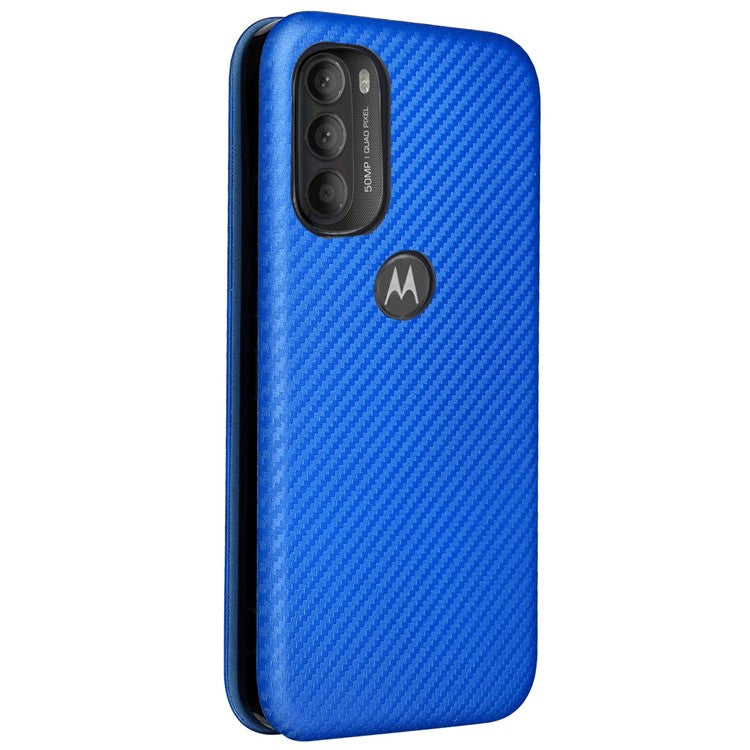Carbon Fiber Texture Foldable Stand PU Leather Cover Folio Flip Phone Case with Card Slot for Motorola Moto G71 5G - Blue