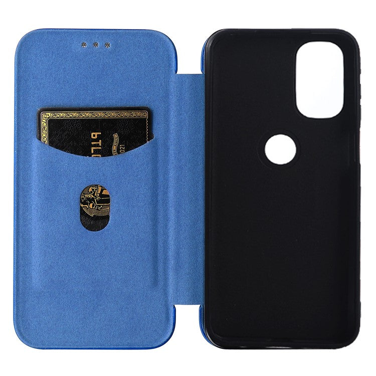 Carbon Fiber Texture Foldable Stand PU Leather Cover Folio Flip Phone Case with Card Slot for Motorola Moto G71 5G - Blue