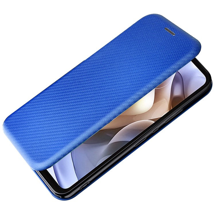 Carbon Fiber Texture Foldable Stand PU Leather Cover Folio Flip Phone Case with Card Slot for Motorola Moto G71 5G - Blue