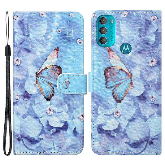 Wallet Style 3D Pattern Printing Cross Texture PU Leather Case Magnetic Flip Stand Shockproof Cover with Strap for Motorola Moto G71 5G - Butterfly and Flowers