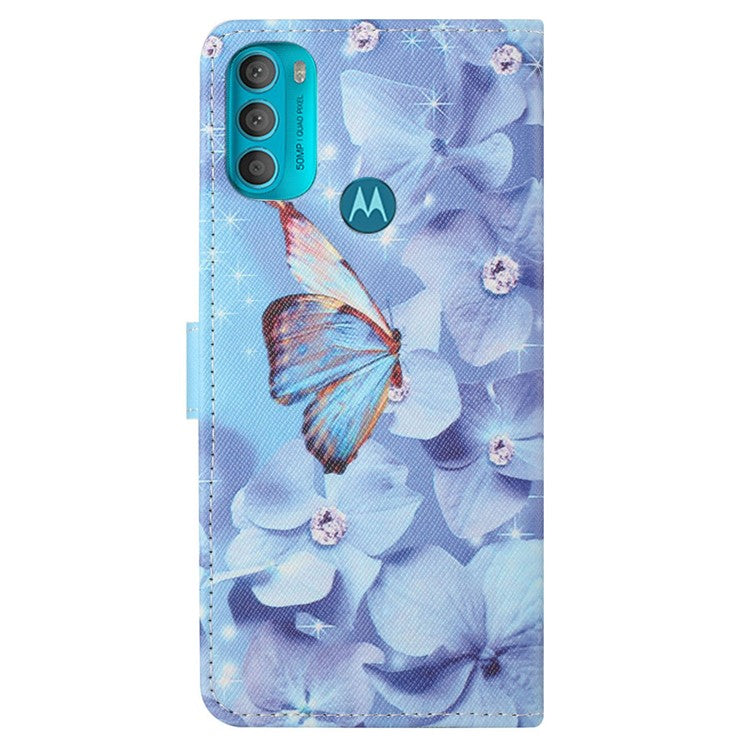 Wallet Style 3D Pattern Printing Cross Texture PU Leather Case Magnetic Flip Stand Shockproof Cover with Strap for Motorola Moto G71 5G - Butterfly and Flowers
