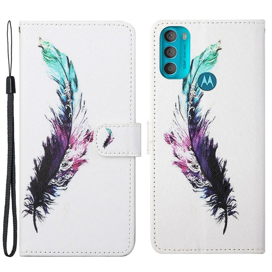 Wallet Style 3D Pattern Printing Cross Texture PU Leather Case Magnetic Flip Stand Shockproof Cover with Strap for Motorola Moto G71 5G - Colorful Feather