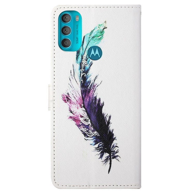 Wallet Style 3D Pattern Printing Cross Texture PU Leather Case Magnetic Flip Stand Shockproof Cover with Strap for Motorola Moto G71 5G - Colorful Feather