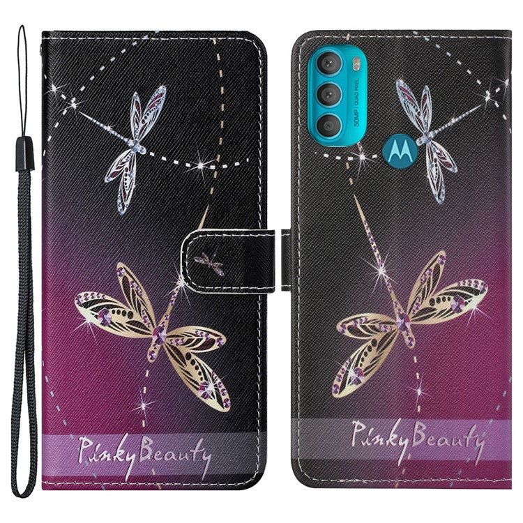 Wallet Style 3D Pattern Printing Cross Texture PU Leather Case Magnetic Flip Stand Shockproof Cover with Strap for Motorola Moto G71 5G - Two Dragonflies