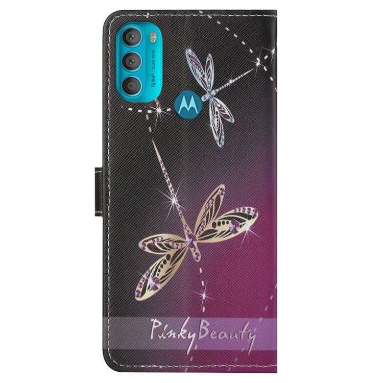 Wallet Style 3D Pattern Printing Cross Texture PU Leather Case Magnetic Flip Stand Shockproof Cover with Strap for Motorola Moto G71 5G - Two Dragonflies