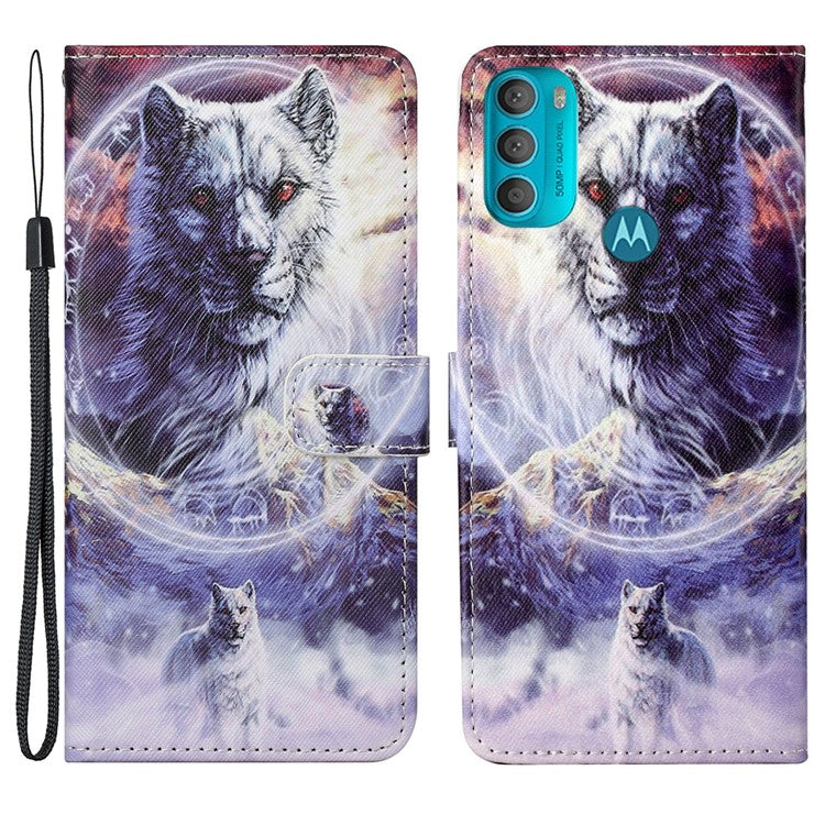 Wallet Style 3D Pattern Printing Cross Texture PU Leather Case Magnetic Flip Stand Shockproof Cover with Strap for Motorola Moto G71 5G - Wolf