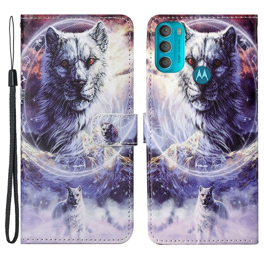 Wallet Style 3D Pattern Printing Cross Texture PU Leather Case Magnetic Flip Stand Shockproof Cover with Strap for Motorola Moto G71 5G - Wolf
