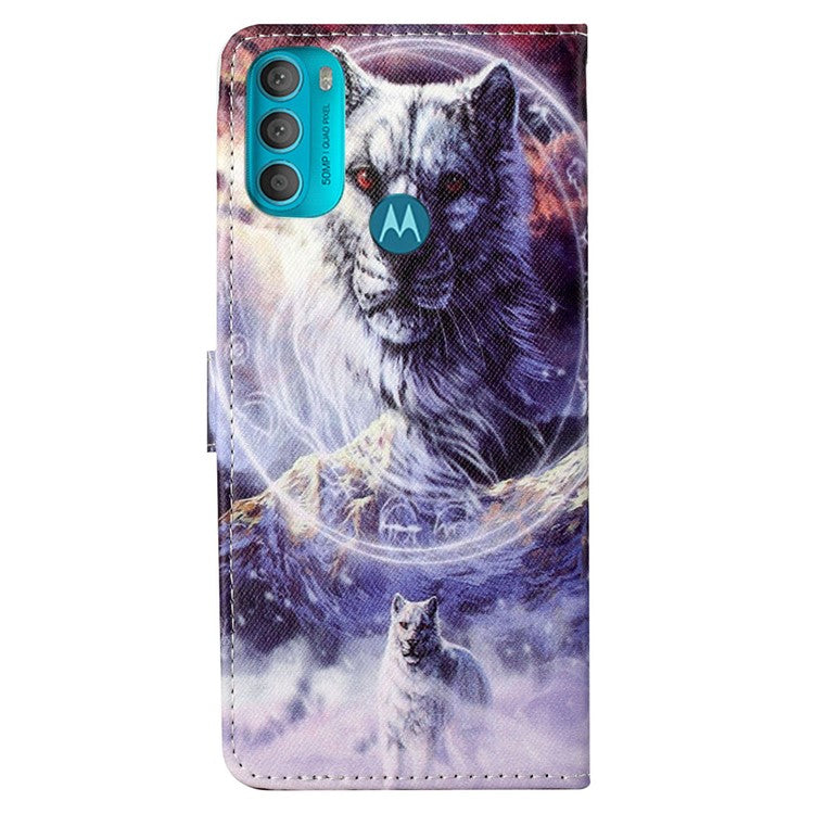 Wallet Style 3D Pattern Printing Cross Texture PU Leather Case Magnetic Flip Stand Shockproof Cover with Strap for Motorola Moto G71 5G - Wolf