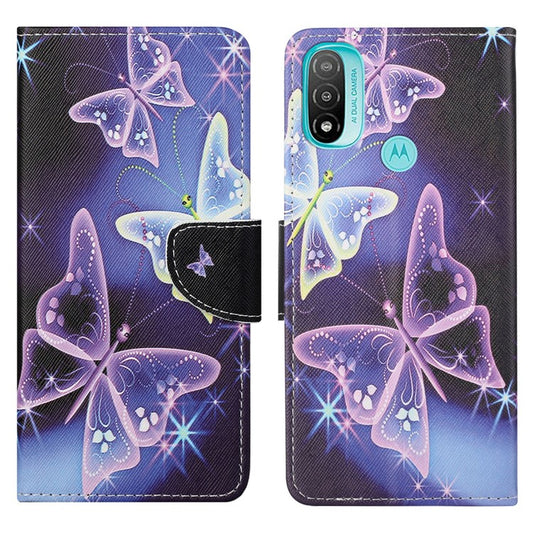 Stand Feature Pattern Printing Wallet Phone Case Cross Texture PU Leather Flip Magnetic Cover for Motorola Moto E20 / Moto E30 / Moto E40 - Sparkling Butterflies