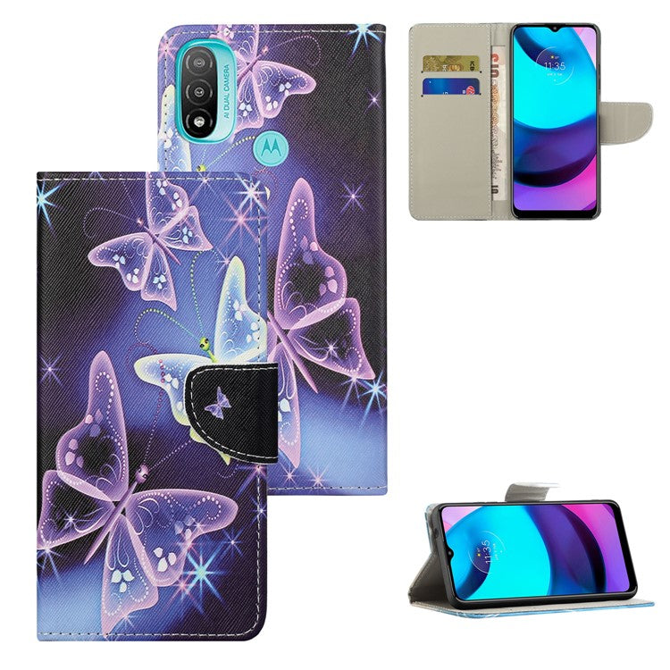 Stand Feature Pattern Printing Wallet Phone Case Cross Texture PU Leather Flip Magnetic Cover for Motorola Moto E20 / Moto E30 / Moto E40 - Sparkling Butterflies