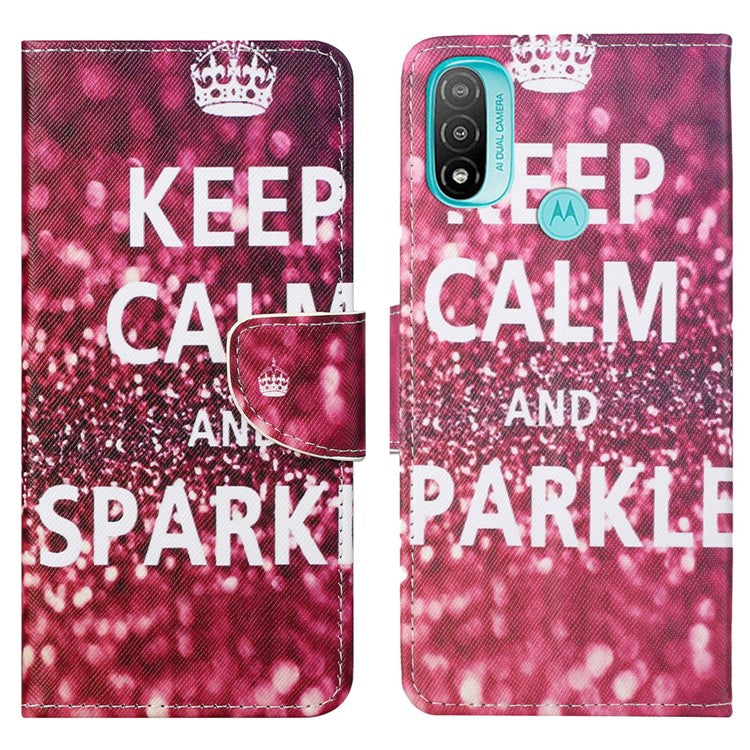 Stand Feature Pattern Printing Wallet Phone Case Cross Texture PU Leather Flip Magnetic Cover for Motorola Moto E20 / Moto E30 / Moto E40 - Keep Calm and Sparkle