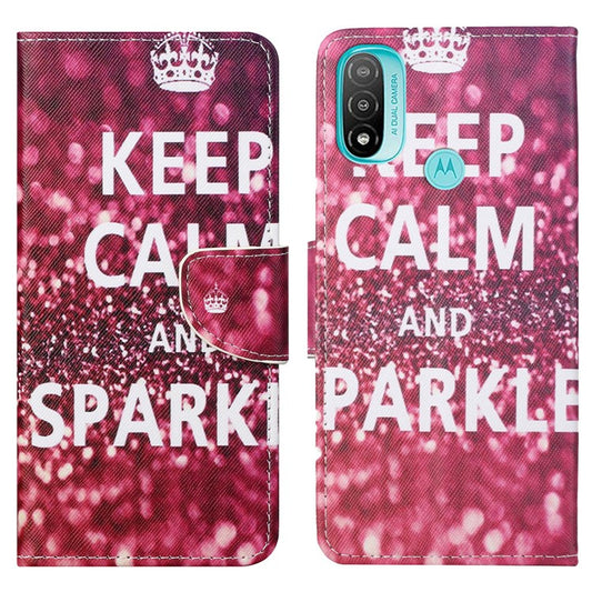 Stand Feature Pattern Printing Wallet Phone Case Cross Texture PU Leather Flip Magnetic Cover for Motorola Moto E20 / Moto E30 / Moto E40 - Keep Calm and Sparkle