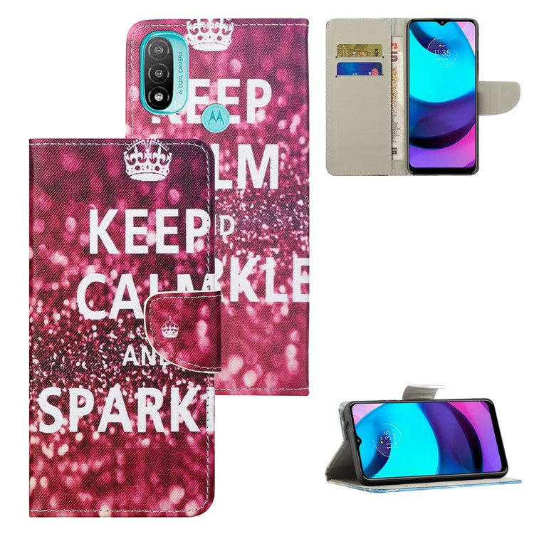 Stand Feature Pattern Printing Wallet Phone Case Cross Texture PU Leather Flip Magnetic Cover for Motorola Moto E20 / Moto E30 / Moto E40 - Keep Calm and Sparkle