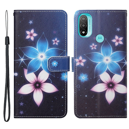 Cross Texture PU Leather Wallet Stand Case Pattern Printing Magnetic Flip Folio Cover with Strap for Motorola Moto E20 / Moto E30 / Moto E40 - Flowers