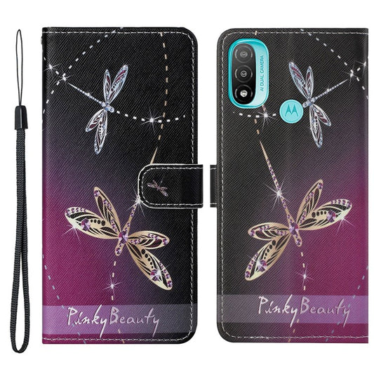 Cross Texture PU Leather Wallet Stand Case Pattern Printing Magnetic Flip Folio Cover with Strap for Motorola Moto E20 / Moto E30 / Moto E40 - Two Dragonflies