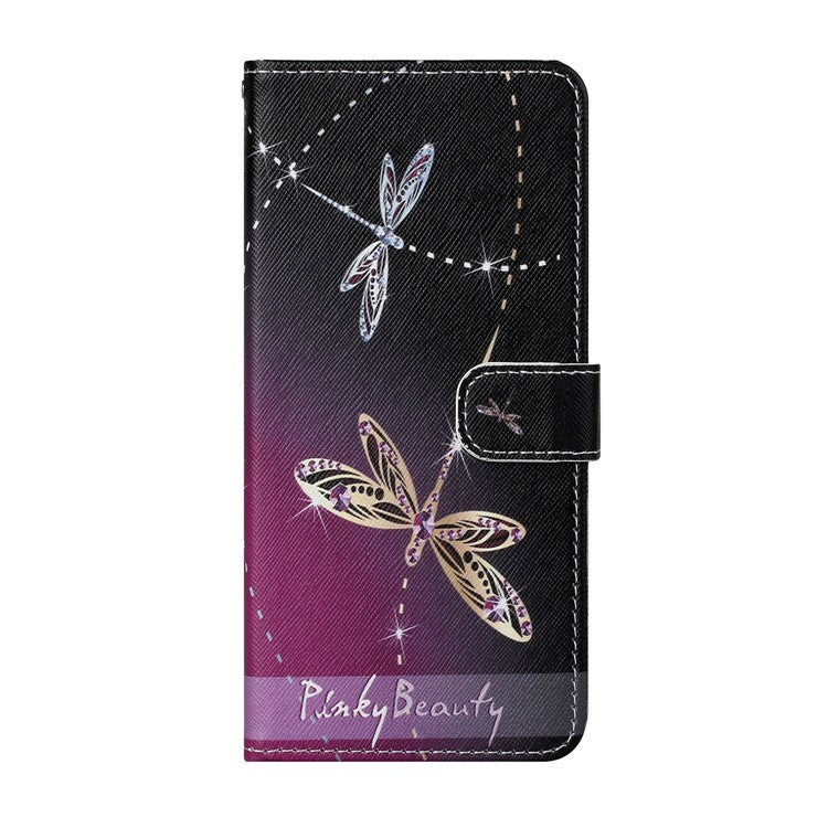 Cross Texture PU Leather Wallet Stand Case Pattern Printing Magnetic Flip Folio Cover with Strap for Motorola Moto E20 / Moto E30 / Moto E40 - Two Dragonflies