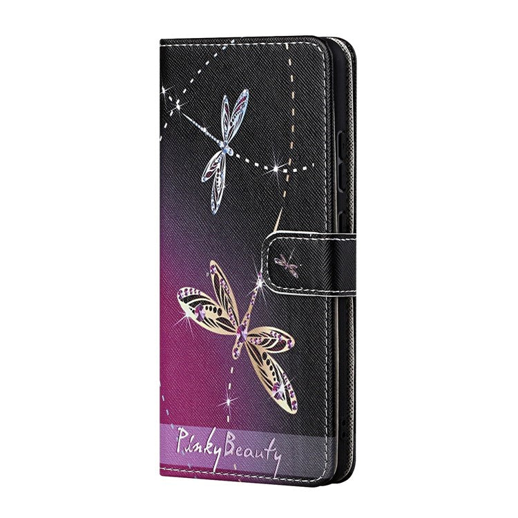 Cross Texture PU Leather Wallet Stand Case Pattern Printing Magnetic Flip Folio Cover with Strap for Motorola Moto E20 / Moto E30 / Moto E40 - Two Dragonflies