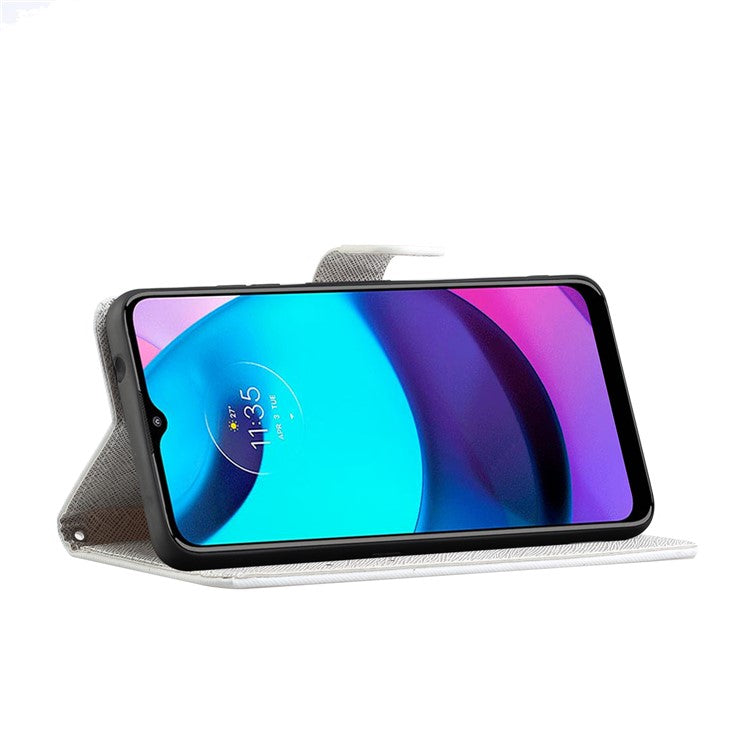 Cross Texture PU Leather Wallet Stand Case Pattern Printing Magnetic Flip Folio Cover with Strap for Motorola Moto E20 / Moto E30 / Moto E40 - Two Dragonflies