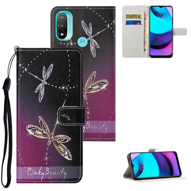 Cross Texture PU Leather Wallet Stand Case Pattern Printing Magnetic Flip Folio Cover with Strap for Motorola Moto E20 / Moto E30 / Moto E40 - Two Dragonflies