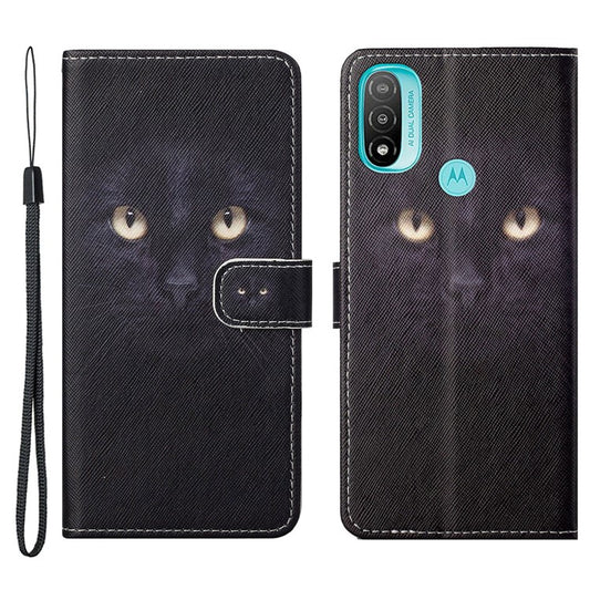 Cross Texture PU Leather Wallet Stand Case Pattern Printing Magnetic Flip Folio Cover with Strap for Motorola Moto E20 / Moto E30 / Moto E40 - Cat's Eye