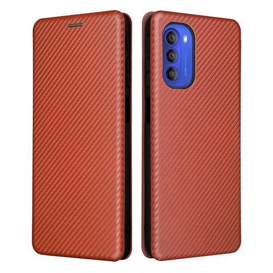 Ring Strap Kickstand Design Carbon Fiber Texture PU Leather Cover Folio Flip Phone Case with Card Slot for Motorola Moto G51 5G - Orange