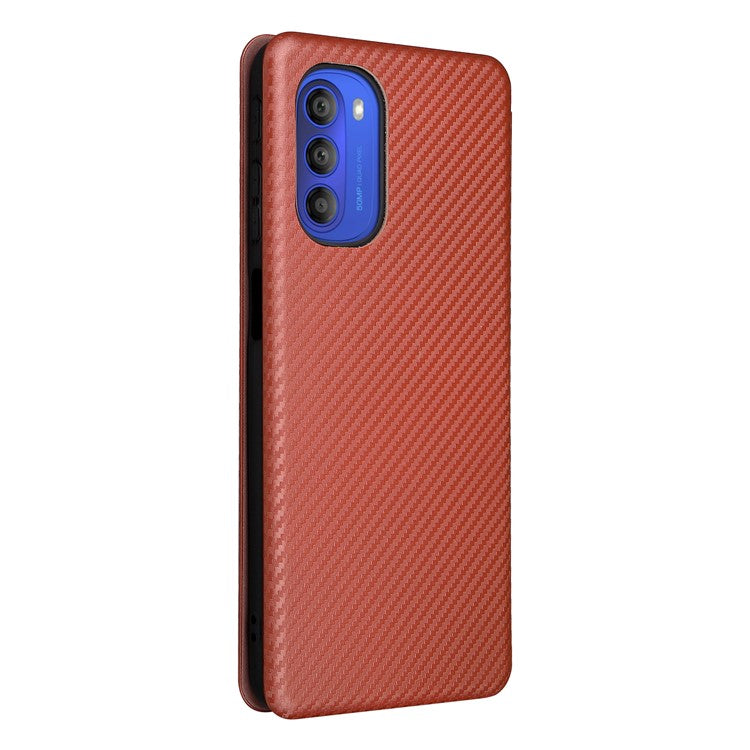 Ring Strap Kickstand Design Carbon Fiber Texture PU Leather Cover Folio Flip Phone Case with Card Slot for Motorola Moto G51 5G - Orange