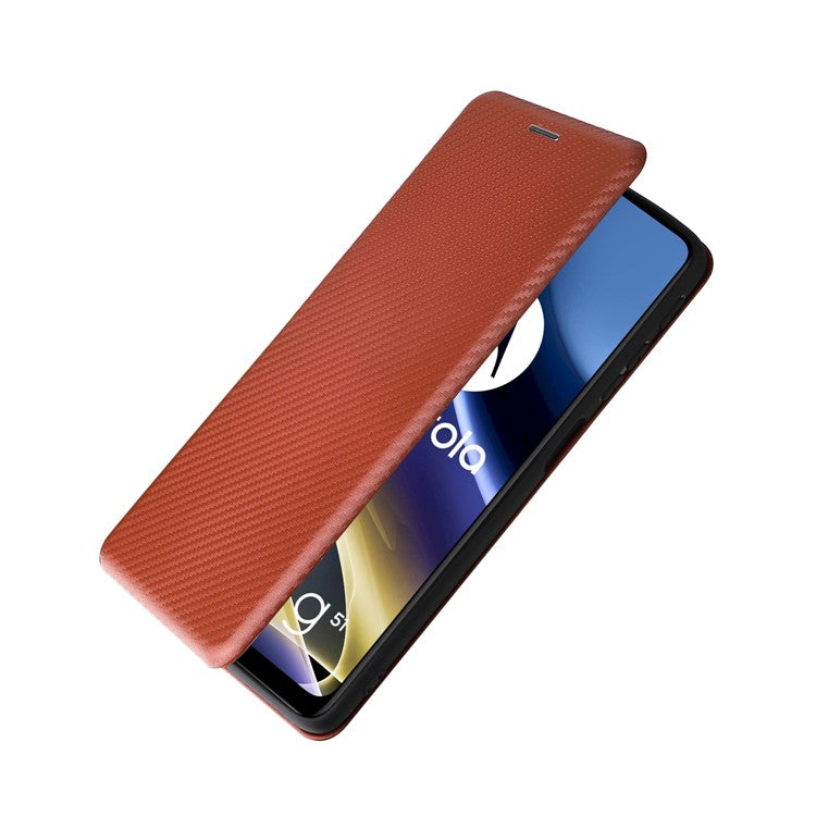 Ring Strap Kickstand Design Carbon Fiber Texture PU Leather Cover Folio Flip Phone Case with Card Slot for Motorola Moto G51 5G - Orange