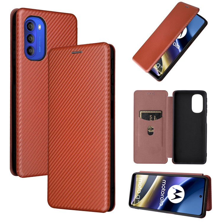 Ring Strap Kickstand Design Carbon Fiber Texture PU Leather Cover Folio Flip Phone Case with Card Slot for Motorola Moto G51 5G - Orange