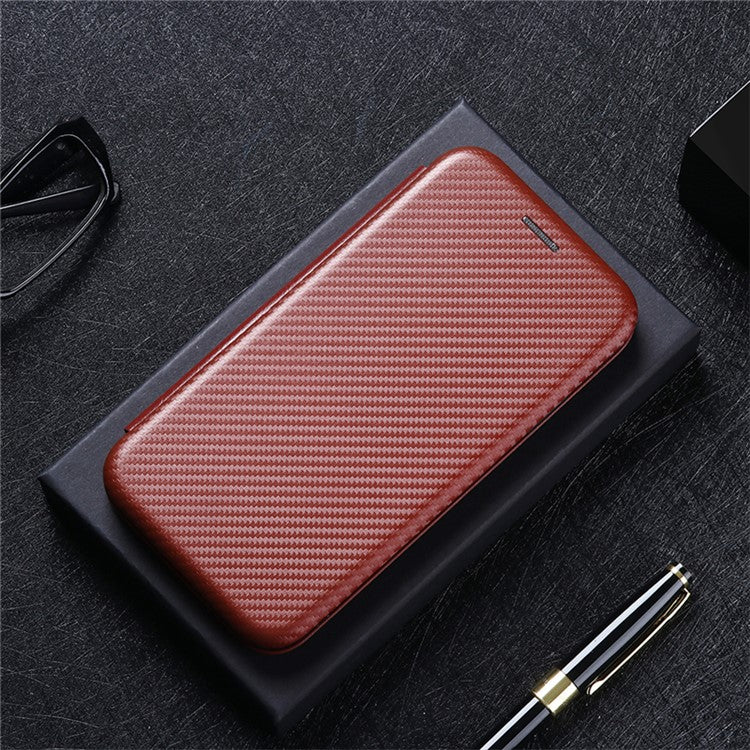Ring Strap Kickstand Design Carbon Fiber Texture PU Leather Cover Folio Flip Phone Case with Card Slot for Motorola Moto G51 5G - Orange