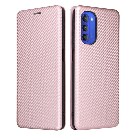 Ring Strap Kickstand Design Carbon Fiber Texture PU Leather Cover Folio Flip Phone Case with Card Slot for Motorola Moto G51 5G - Rose Gold