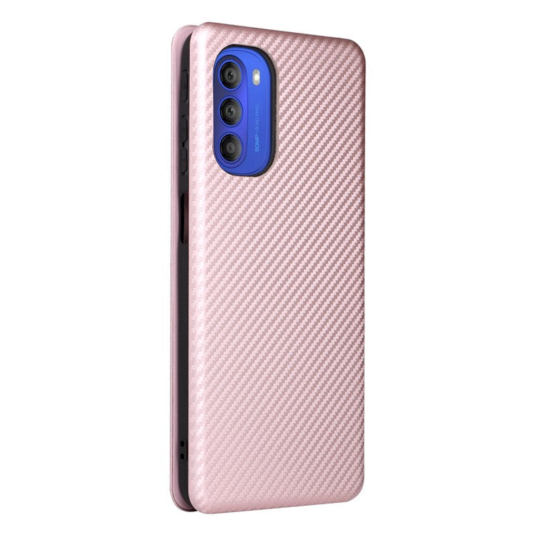 Ring Strap Kickstand Design Carbon Fiber Texture PU Leather Cover Folio Flip Phone Case with Card Slot for Motorola Moto G51 5G - Rose Gold