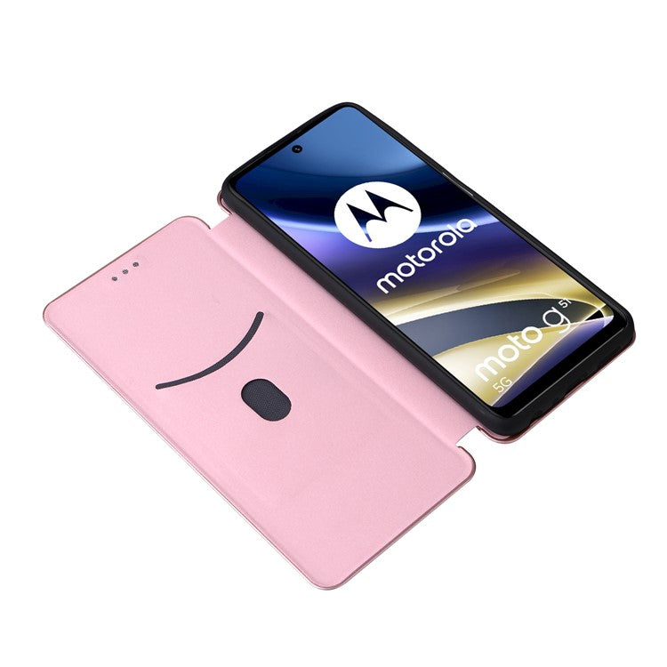 Ring Strap Kickstand Design Carbon Fiber Texture PU Leather Cover Folio Flip Phone Case with Card Slot for Motorola Moto G51 5G - Rose Gold