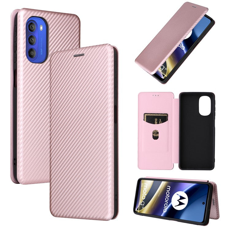 Ring Strap Kickstand Design Carbon Fiber Texture PU Leather Cover Folio Flip Phone Case with Card Slot for Motorola Moto G51 5G - Rose Gold