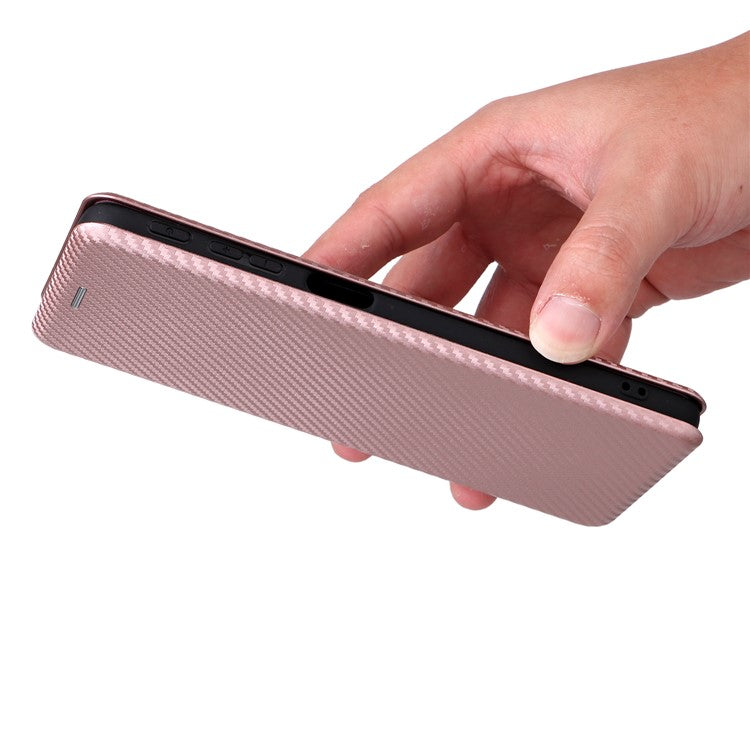 Ring Strap Kickstand Design Carbon Fiber Texture PU Leather Cover Folio Flip Phone Case with Card Slot for Motorola Moto G51 5G - Rose Gold