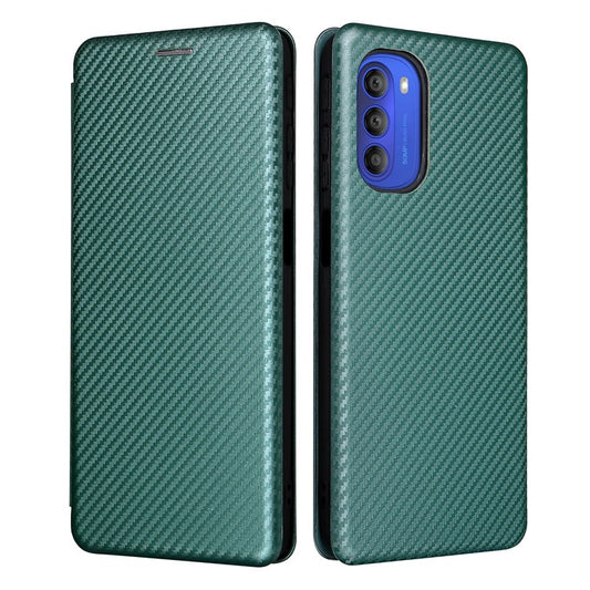 Ring Strap Kickstand Design Carbon Fiber Texture PU Leather Cover Folio Flip Phone Case with Card Slot for Motorola Moto G51 5G - Green