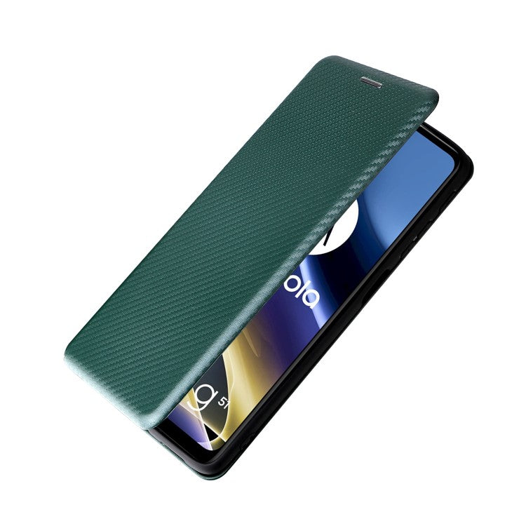Ring Strap Kickstand Design Carbon Fiber Texture PU Leather Cover Folio Flip Phone Case with Card Slot for Motorola Moto G51 5G - Green