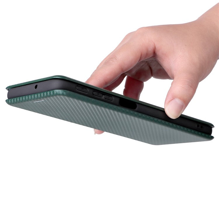 Ring Strap Kickstand Design Carbon Fiber Texture PU Leather Cover Folio Flip Phone Case with Card Slot for Motorola Moto G51 5G - Green