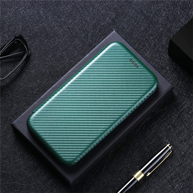 Ring Strap Kickstand Design Carbon Fiber Texture PU Leather Cover Folio Flip Phone Case with Card Slot for Motorola Moto G51 5G - Green