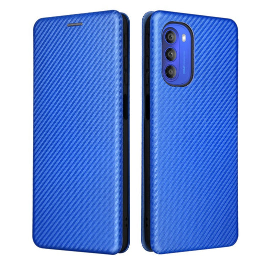 Ring Strap Kickstand Design Carbon Fiber Texture PU Leather Cover Folio Flip Phone Case with Card Slot for Motorola Moto G51 5G - Blue